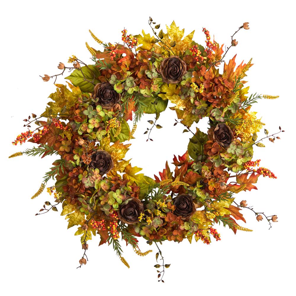 32in. Fall Hydrangea, Ranunculus and Maple Leaf Autumn Artificial Wreath. Picture 1