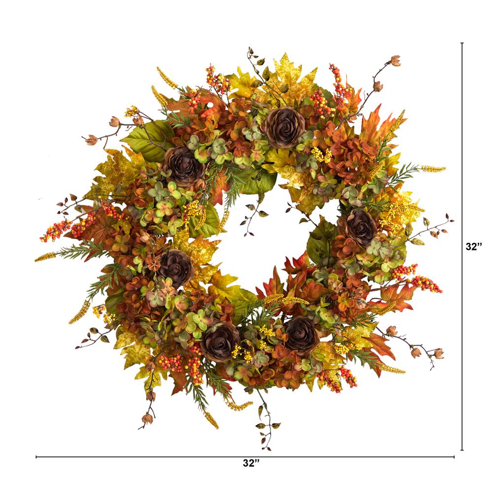 32in. Fall Hydrangea, Ranunculus and Maple Leaf Autumn Artificial Wreath. Picture 2