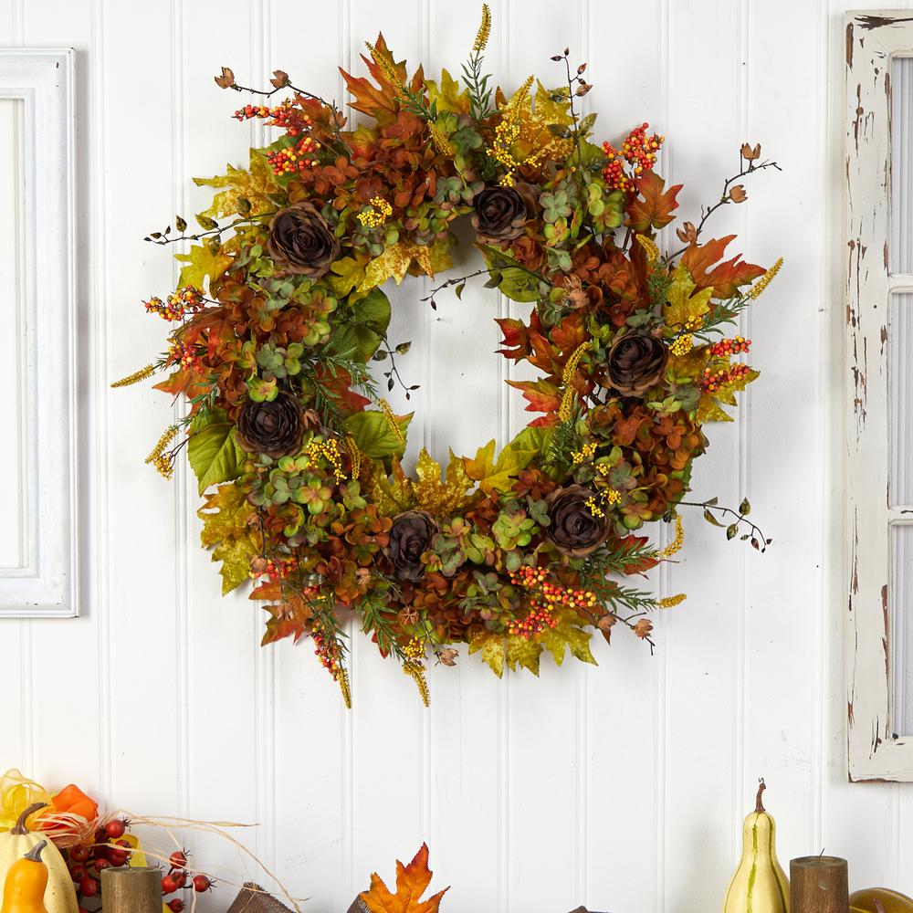 32in. Fall Hydrangea, Ranunculus and Maple Leaf Autumn Artificial Wreath. Picture 3