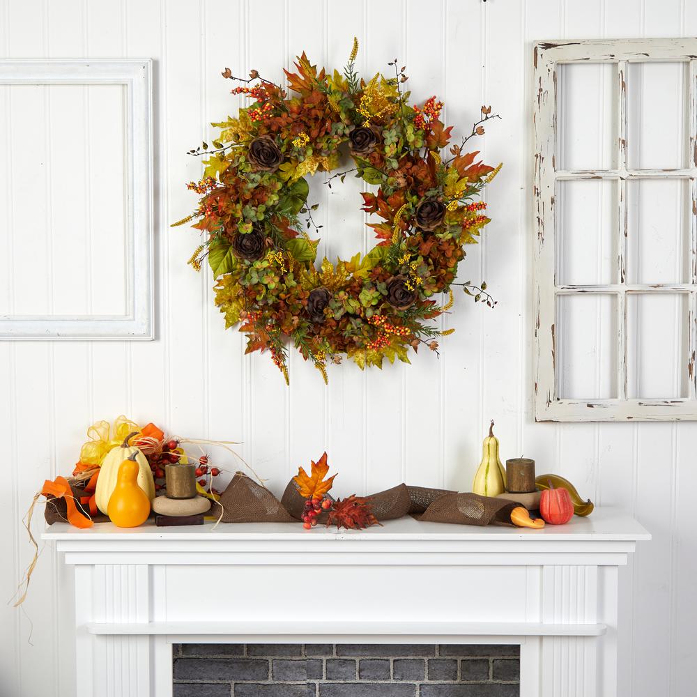 32in. Fall Hydrangea, Ranunculus and Maple Leaf Autumn Artificial Wreath. Picture 4