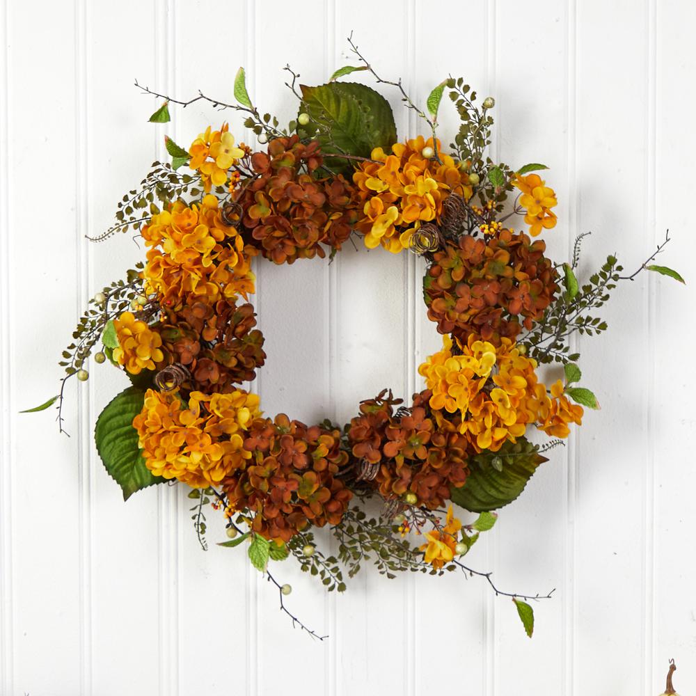 24in. Fall Hydrangea Artificial Autumn Wreath. Picture 3