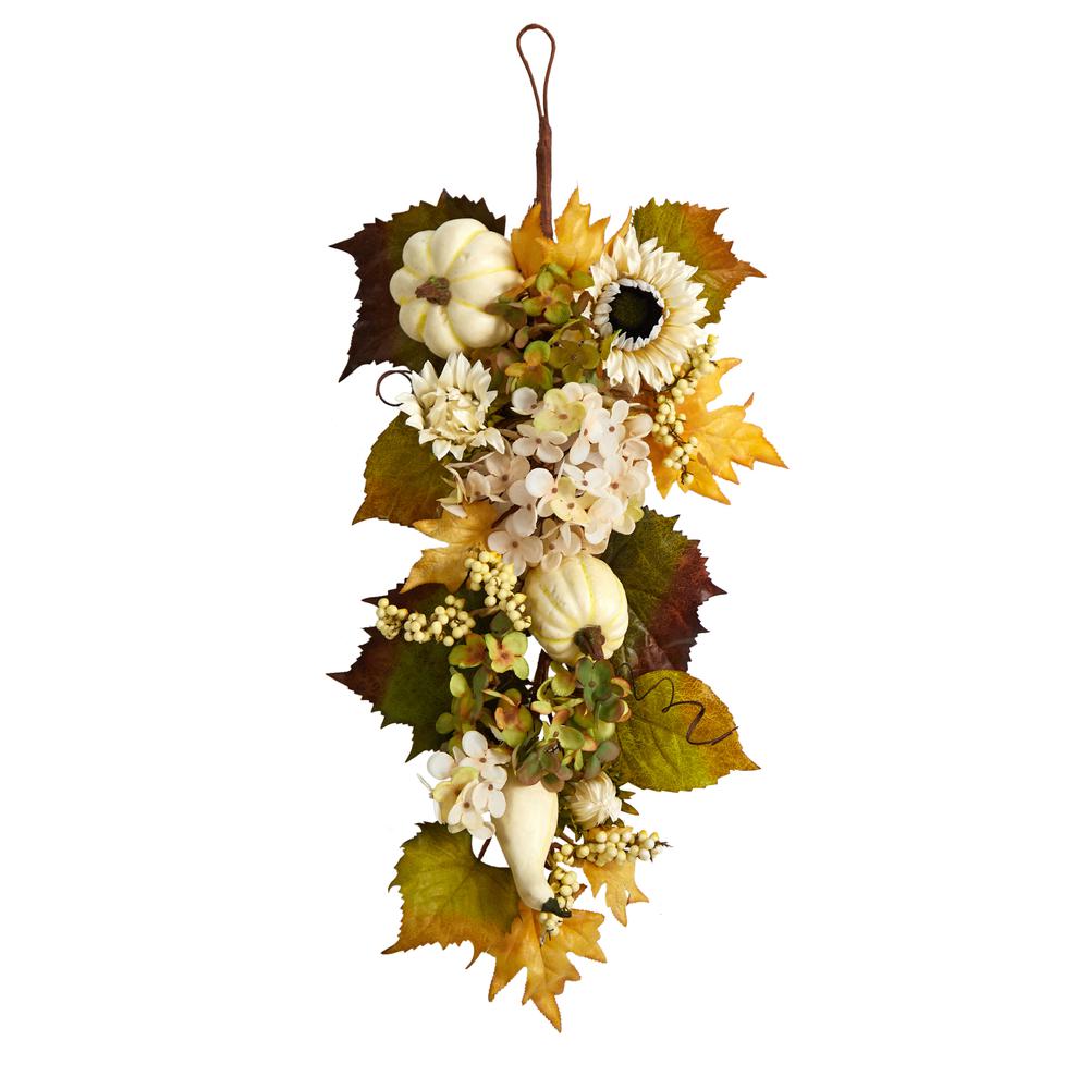 33in. Fall Sunflower, Hydrangea and White Pumpkin Artificial Autumn Teardrop. Picture 4