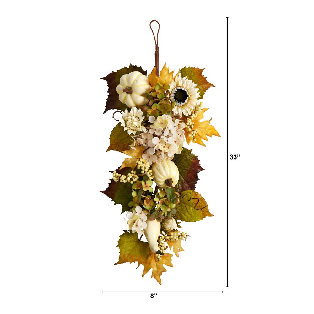 33in. Fall Sunflower, Hydrangea and White Pumpkin Artificial Autumn Teardrop. Picture 1