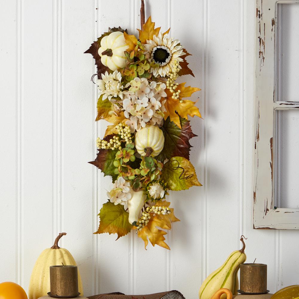 33in. Fall Sunflower, Hydrangea and White Pumpkin Artificial Autumn Teardrop. Picture 3
