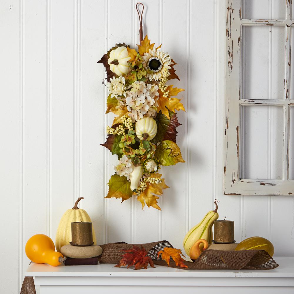 33in. Fall Sunflower, Hydrangea and White Pumpkin Artificial Autumn Teardrop. Picture 2