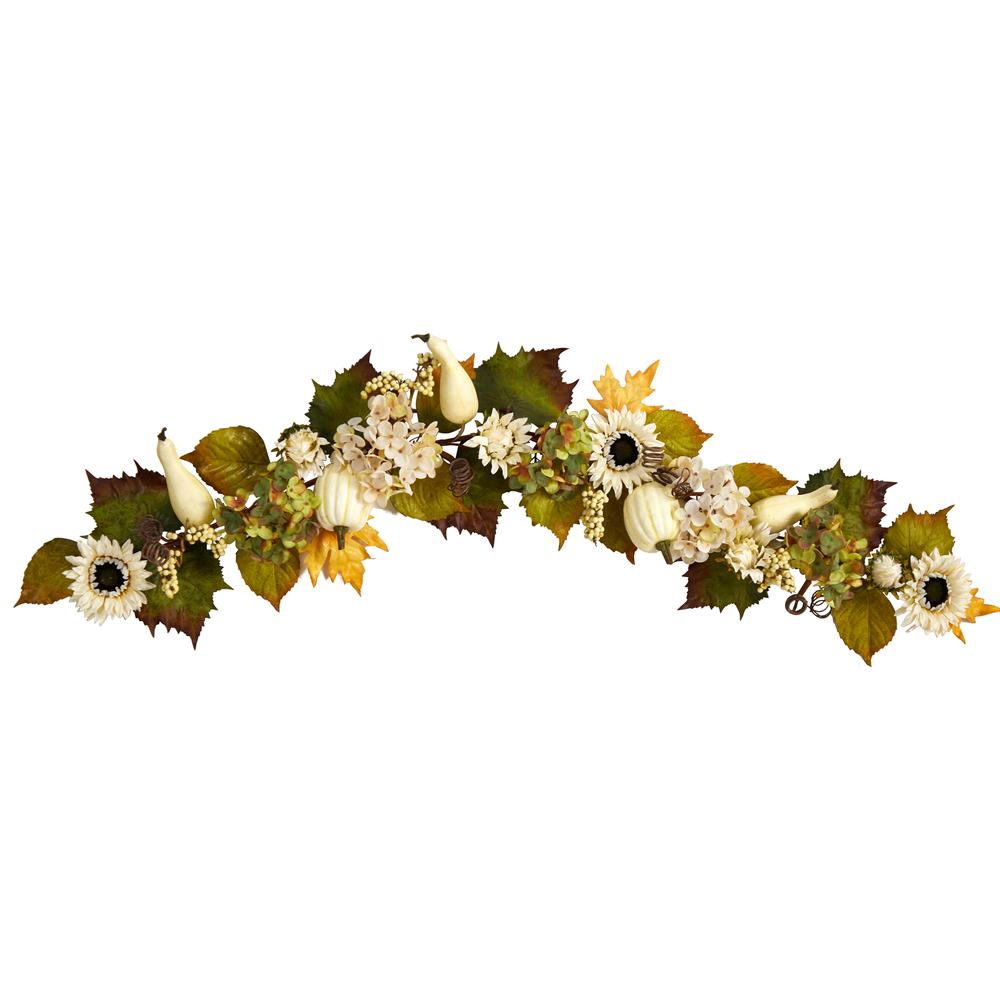 5ft. Fall Sunflower, Hydrangea and White Pumpkin Artificial Autumn Garland. Picture 3