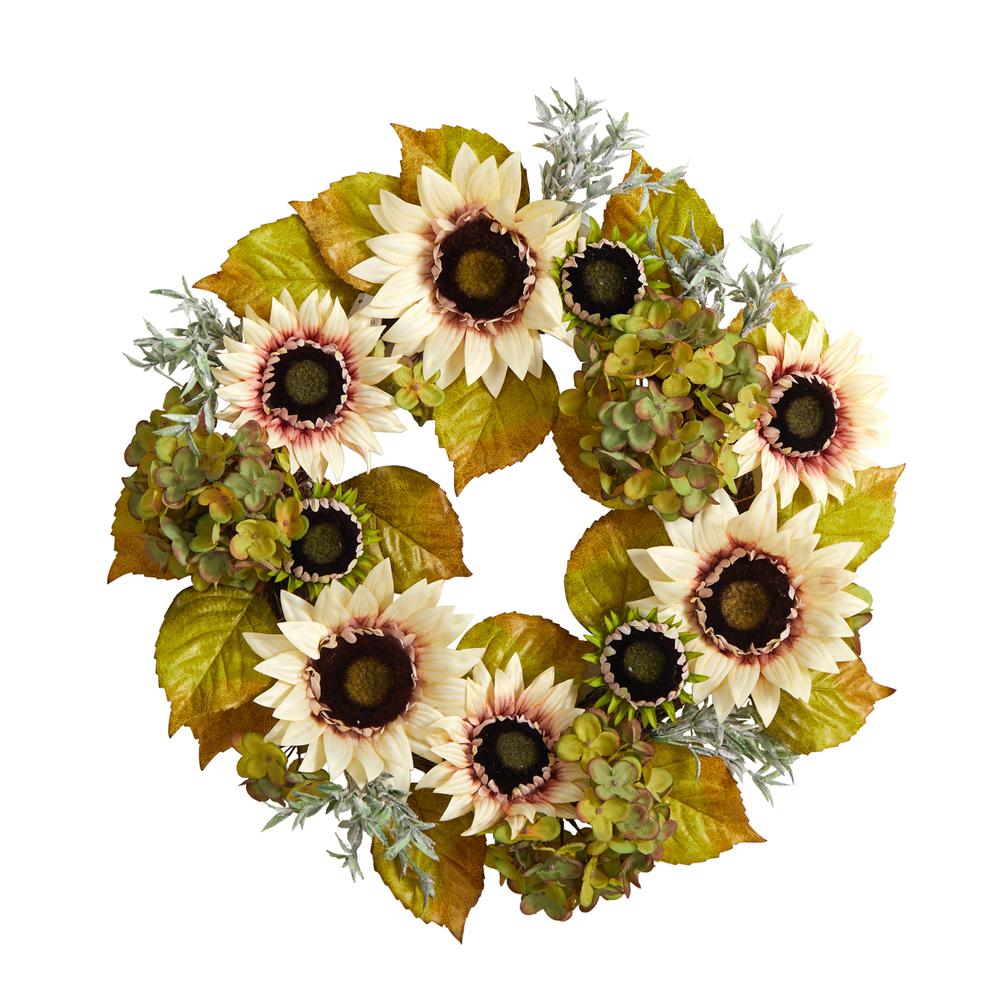 24in. White Sunflower and Hydrangea Artificial Autumn Wreath. Picture 4