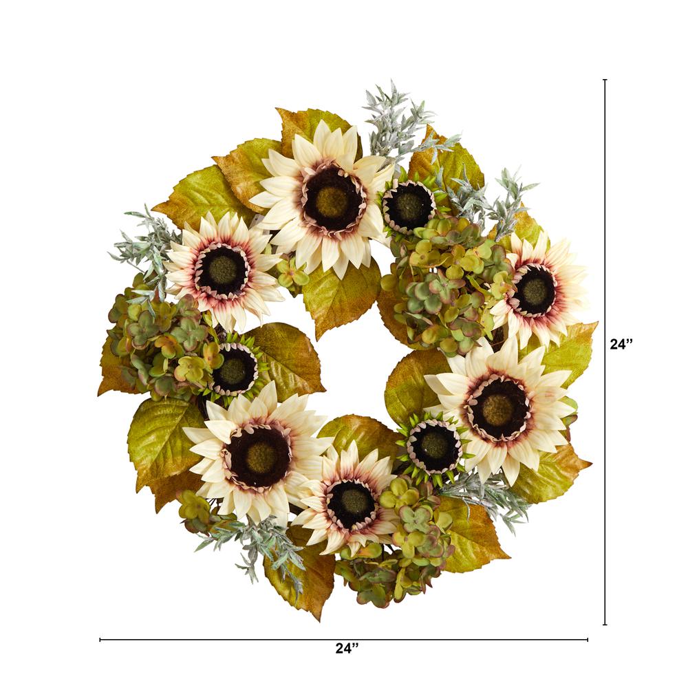 24in. White Sunflower and Hydrangea Artificial Autumn Wreath. Picture 1