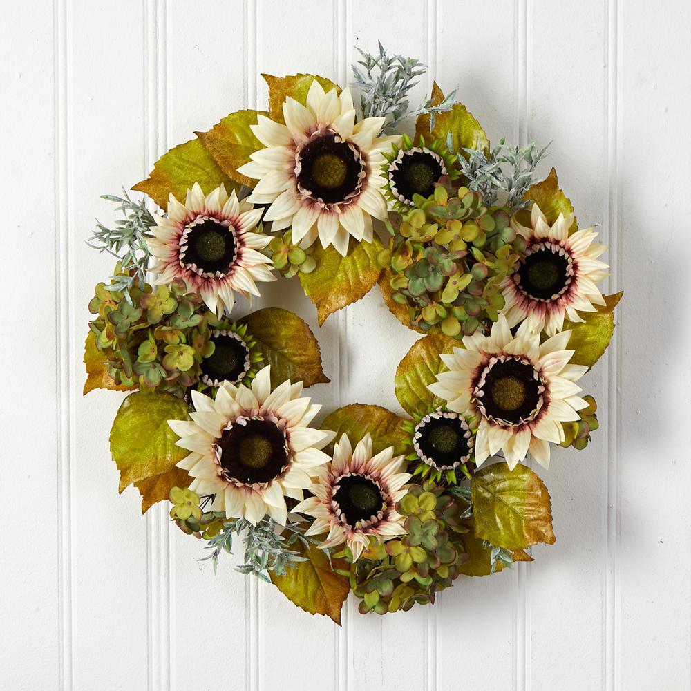24in. White Sunflower and Hydrangea Artificial Autumn Wreath. Picture 3