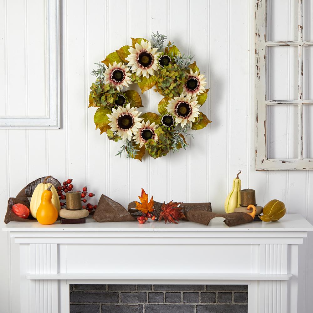 24in. White Sunflower and Hydrangea Artificial Autumn Wreath. Picture 2