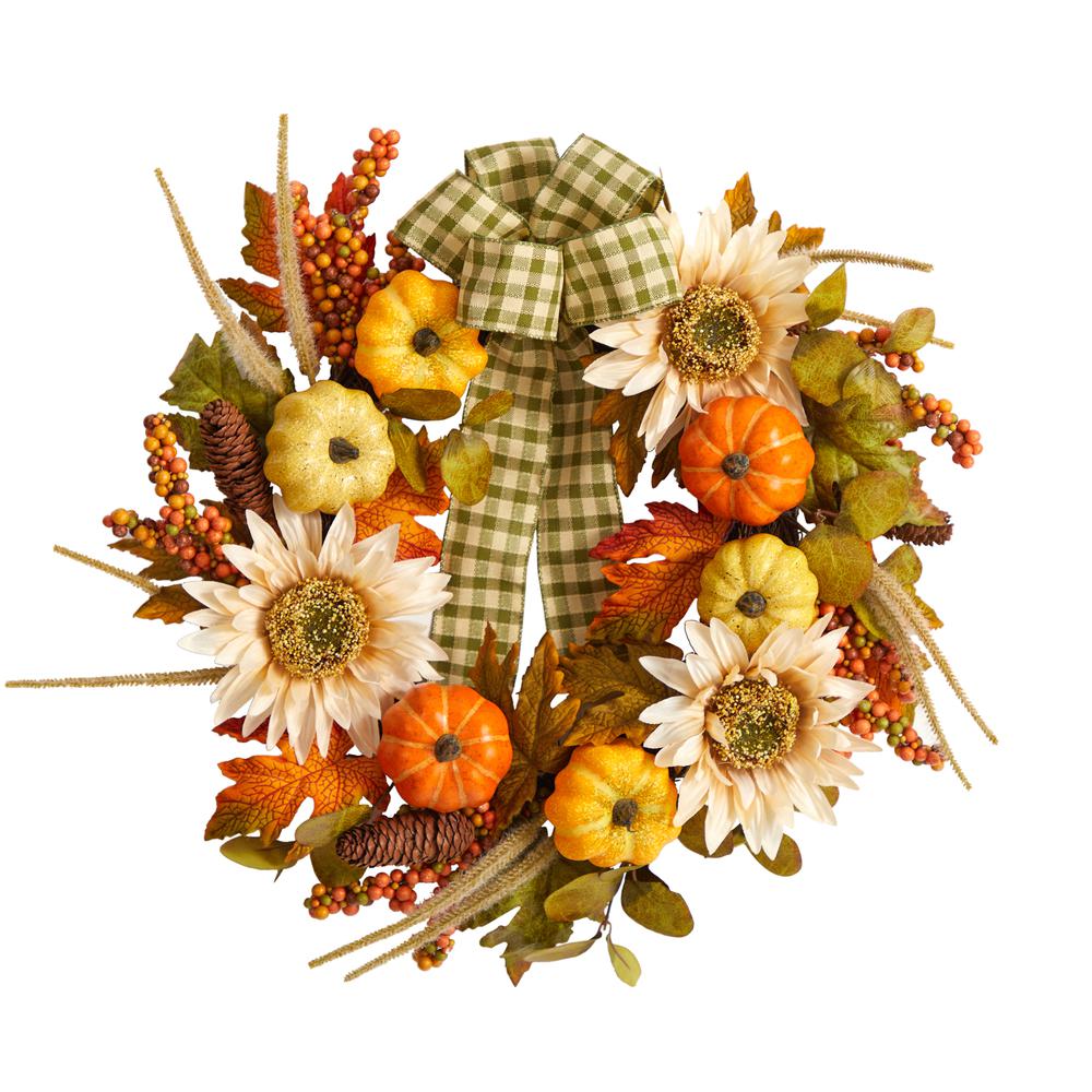 24in. Fall Pumpkin, Sunflower Artificial Autumn Wreath with Decorative Ribbon. Picture 1