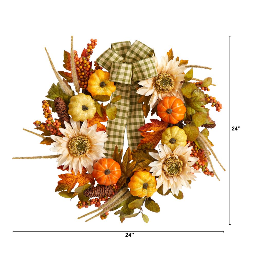 24in. Fall Pumpkin, Sunflower Artificial Autumn Wreath with Decorative Ribbon. Picture 2