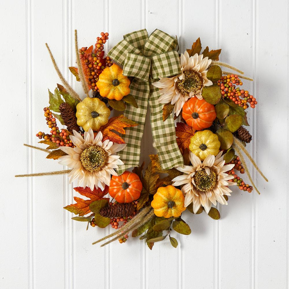 24in. Fall Pumpkin, Sunflower Artificial Autumn Wreath with Decorative Ribbon. Picture 3