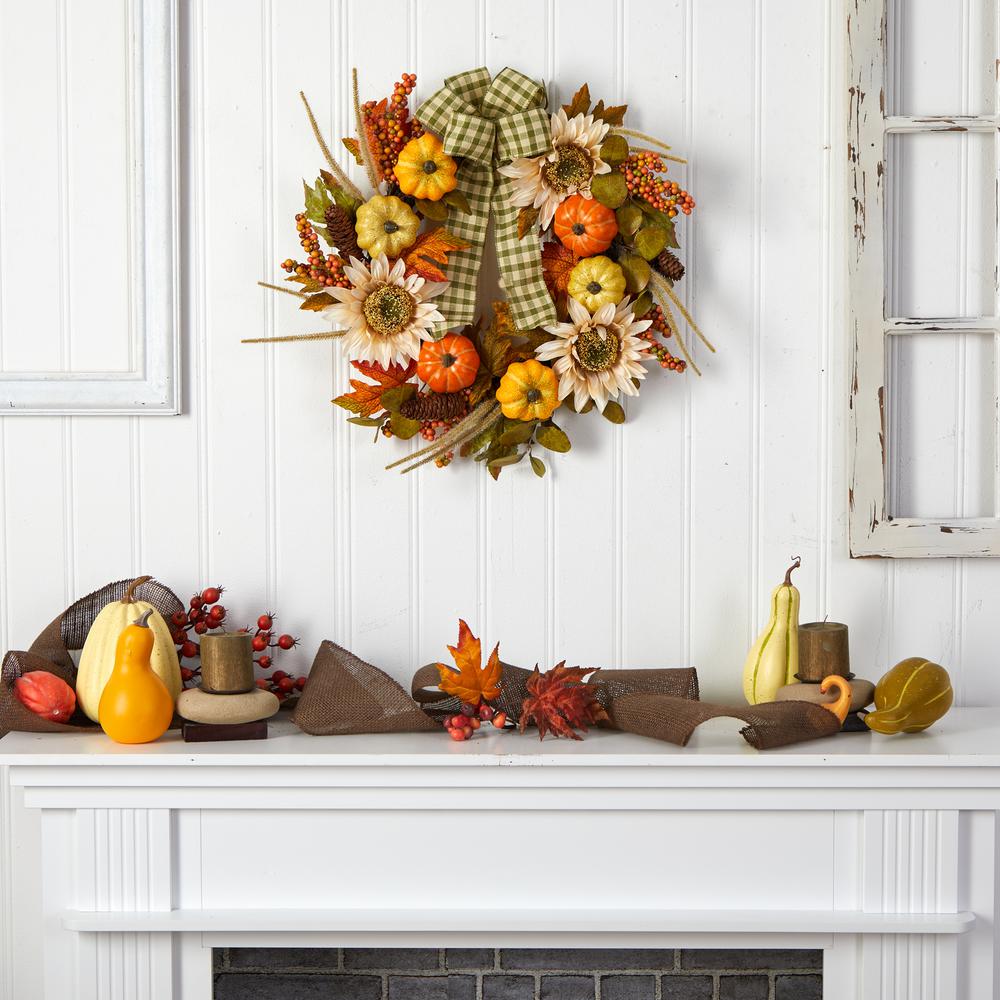 24in. Fall Pumpkin, Sunflower Artificial Autumn Wreath with Decorative Ribbon. Picture 4