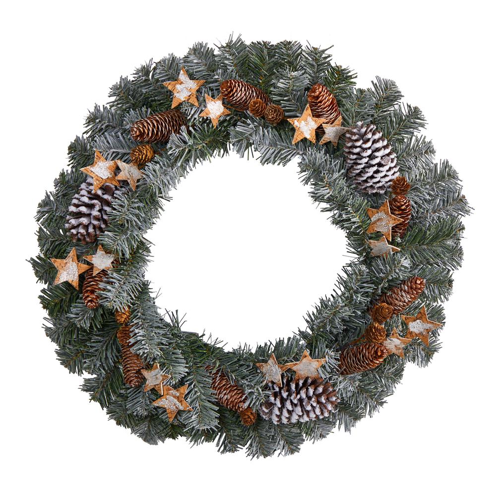 24in. Christmas Winter Frosted Stars and Pinecones Holiday Wreath. Picture 4
