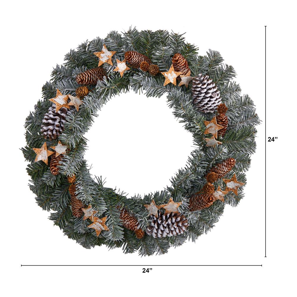 24in. Christmas Winter Frosted Stars and Pinecones Holiday Wreath. Picture 1
