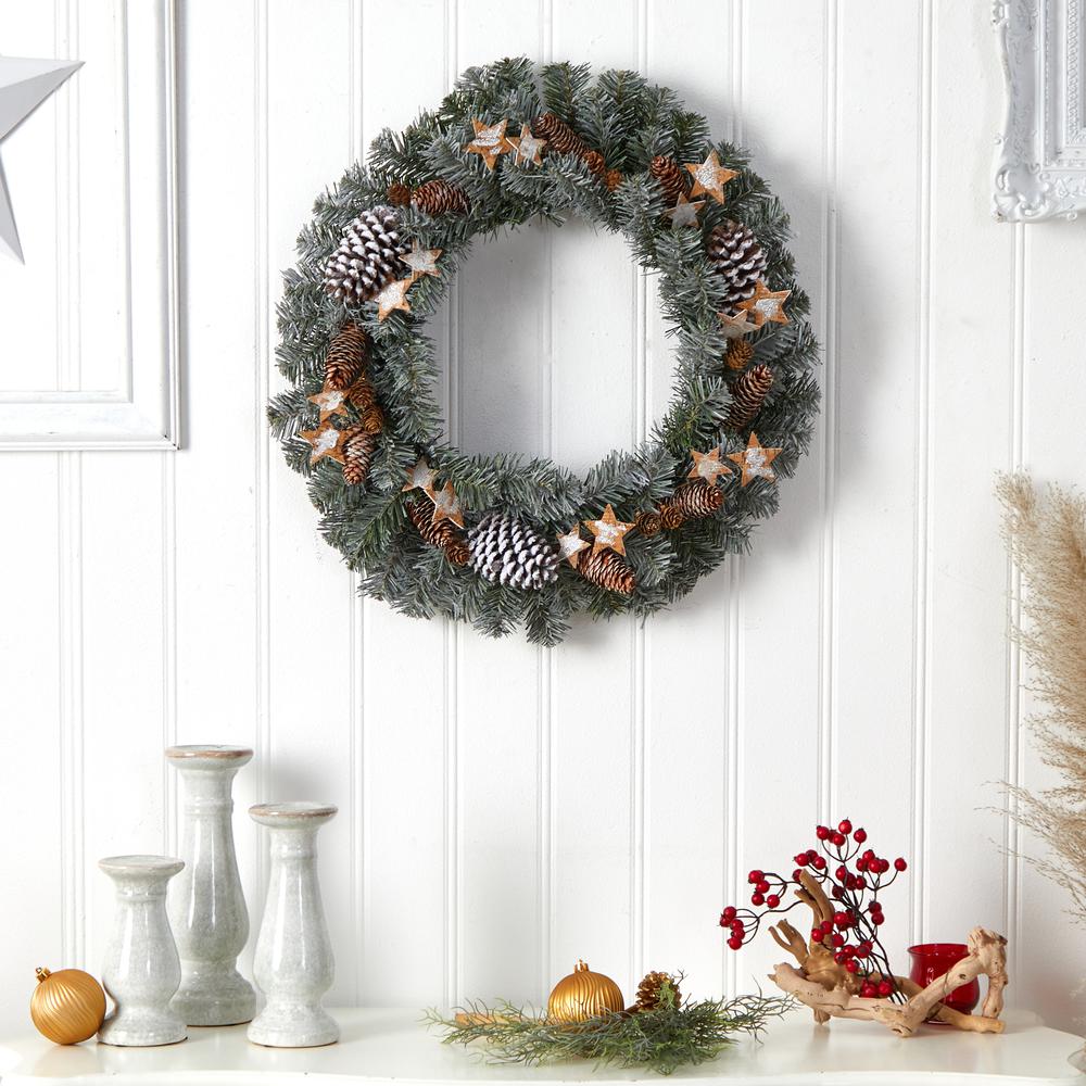 24in. Christmas Winter Frosted Stars and Pinecones Holiday Wreath. Picture 3