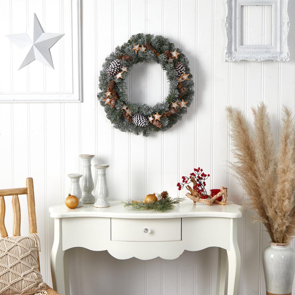 24in. Christmas Winter Frosted Stars and Pinecones Holiday Wreath. Picture 2