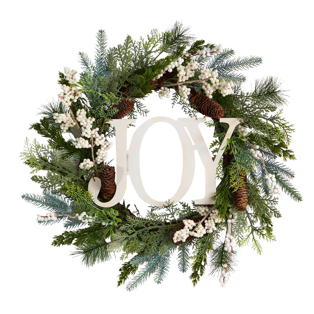 24in. Christmas Joy Greenery Holiday Artificial Wreath. Picture 4