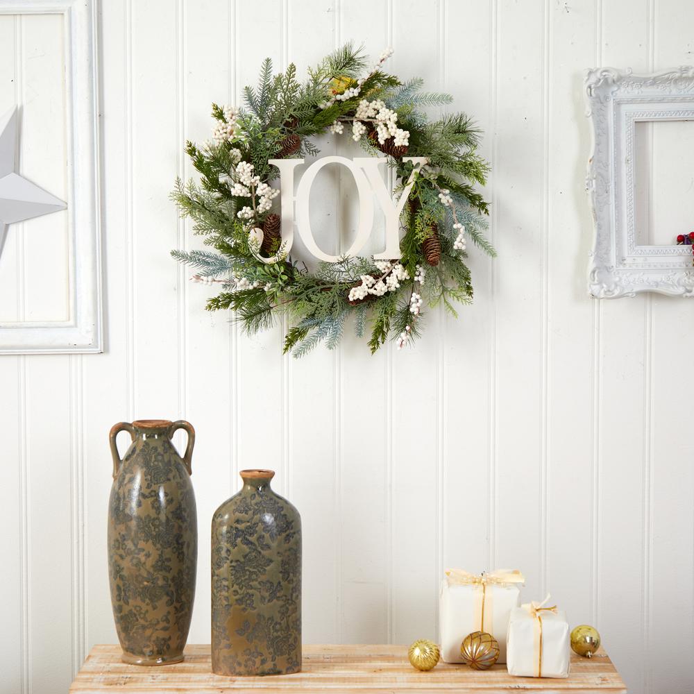 24in. Christmas Joy Greenery Holiday Artificial Wreath. Picture 3