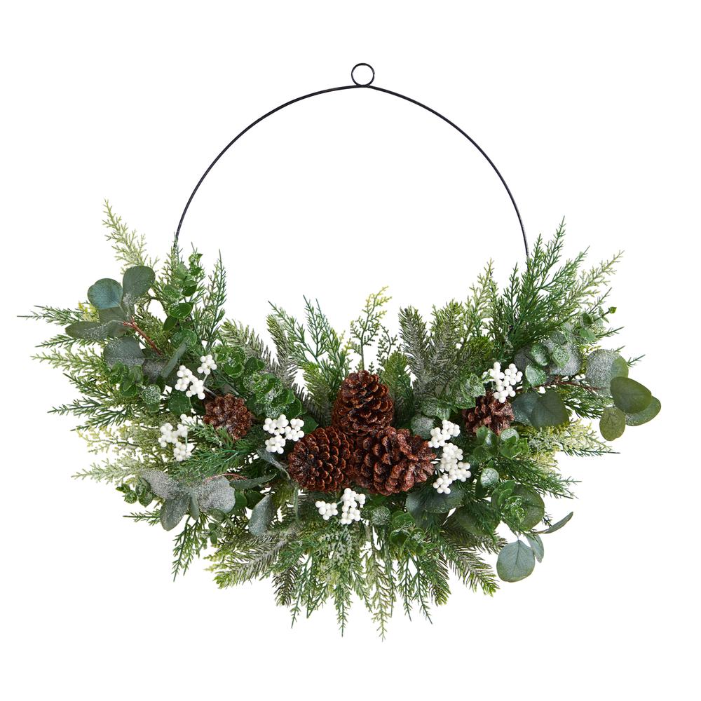 28in. Christmas Pine, Eucalyptus, and Berries Metal Circlet Artificial Wreath. Picture 1