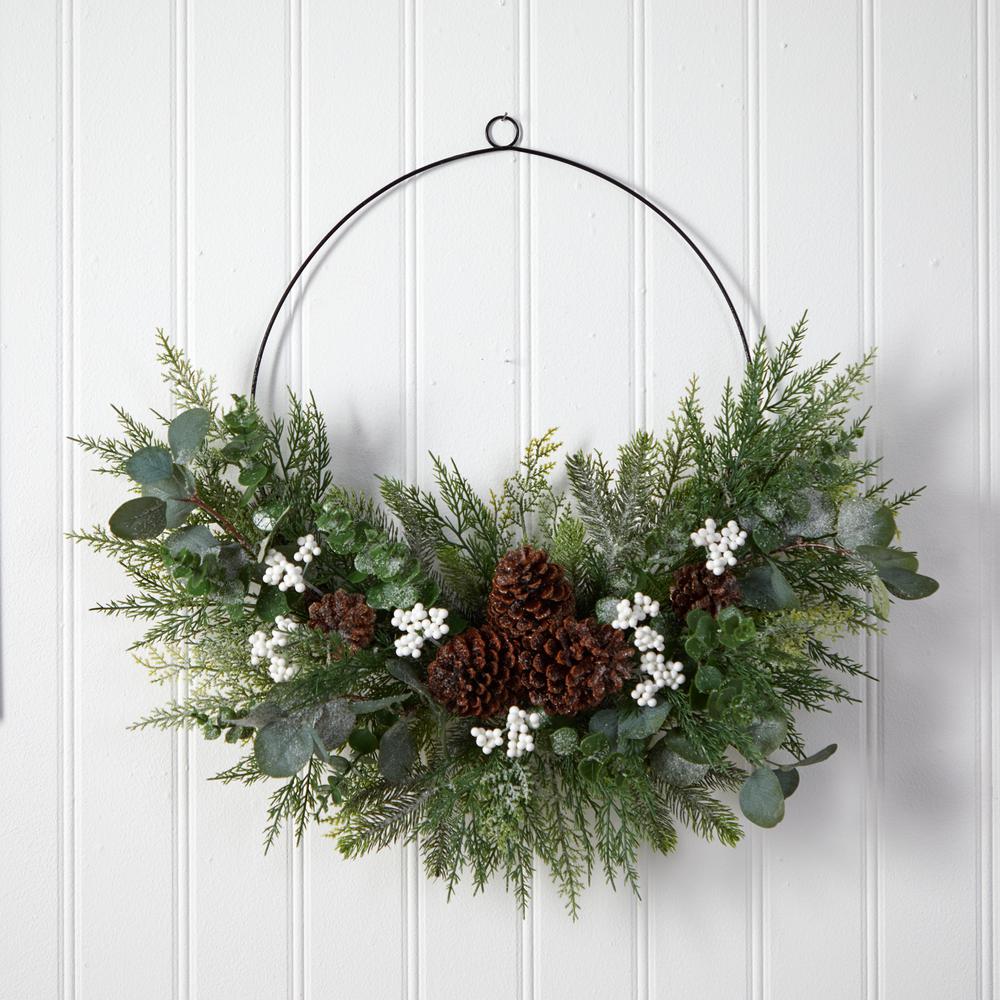 28in. Christmas Pine, Eucalyptus, and Berries Metal Circlet Artificial Wreath. Picture 4