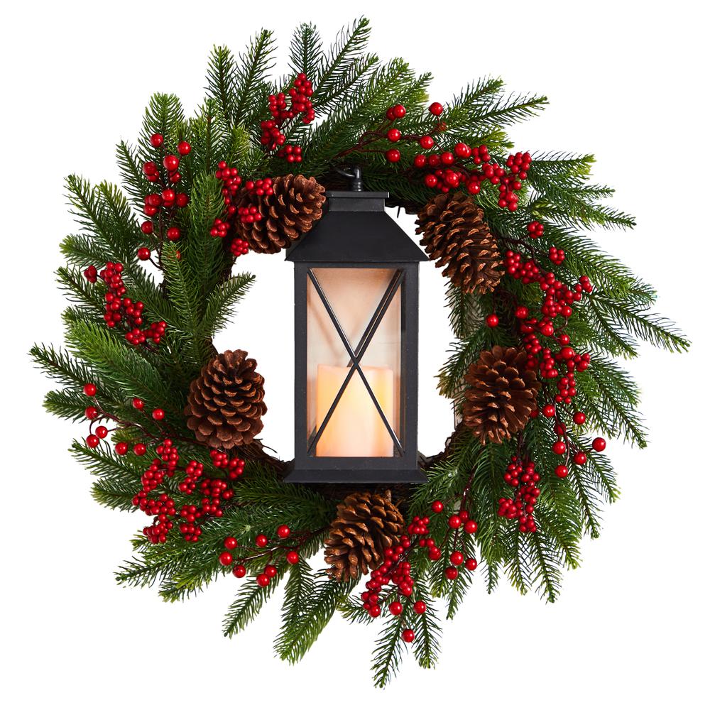 28in. Berries and Pine Artificial Christmas Wreath with Lantern and Included LED Candle. Picture 4