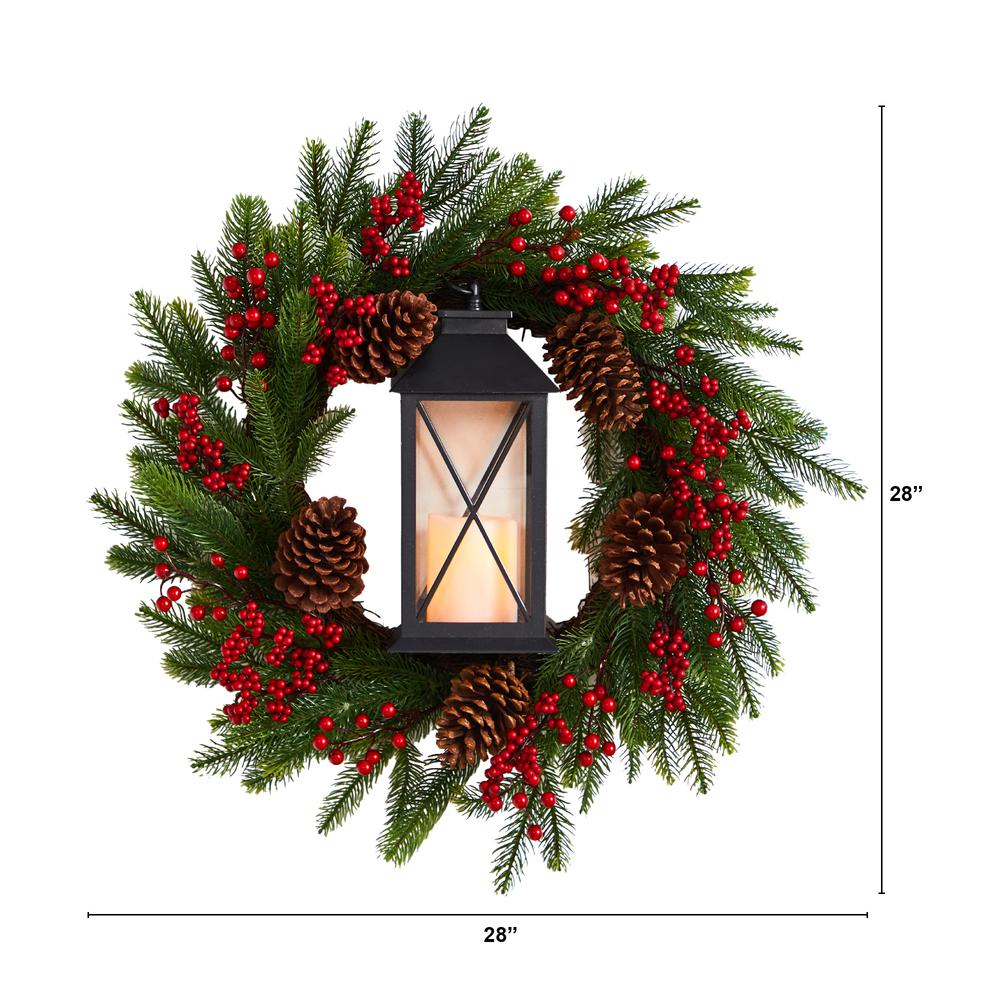 28in. Berries and Pine Artificial Christmas Wreath with Lantern and Included LED Candle. Picture 1