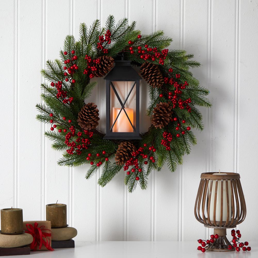 28in. Berries and Pine Artificial Christmas Wreath with Lantern and Included LED Candle. Picture 3
