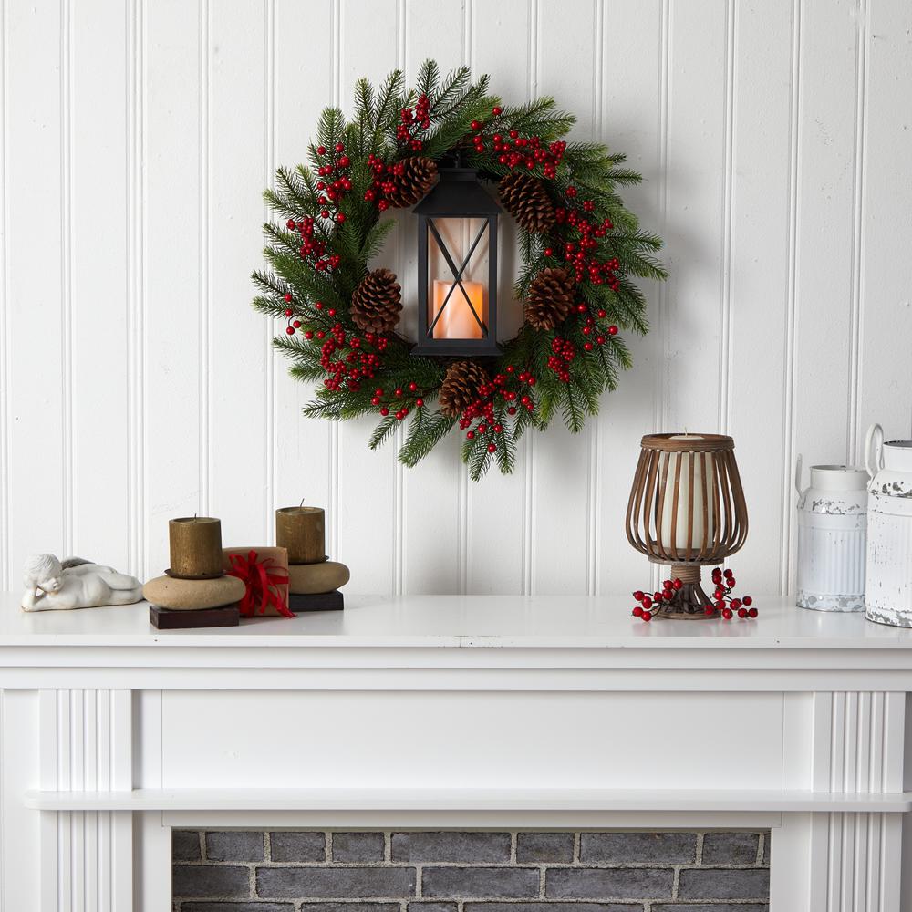 28in. Berries and Pine Artificial Christmas Wreath with Lantern and Included LED Candle. Picture 2