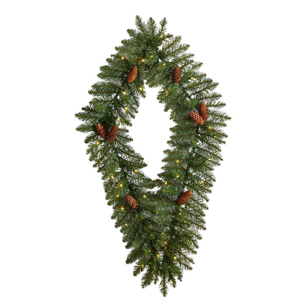 3ft. Holiday Christmas Geometric Diamond Wreath with Pinecones and 50 Warm White LED Lights. Picture 1