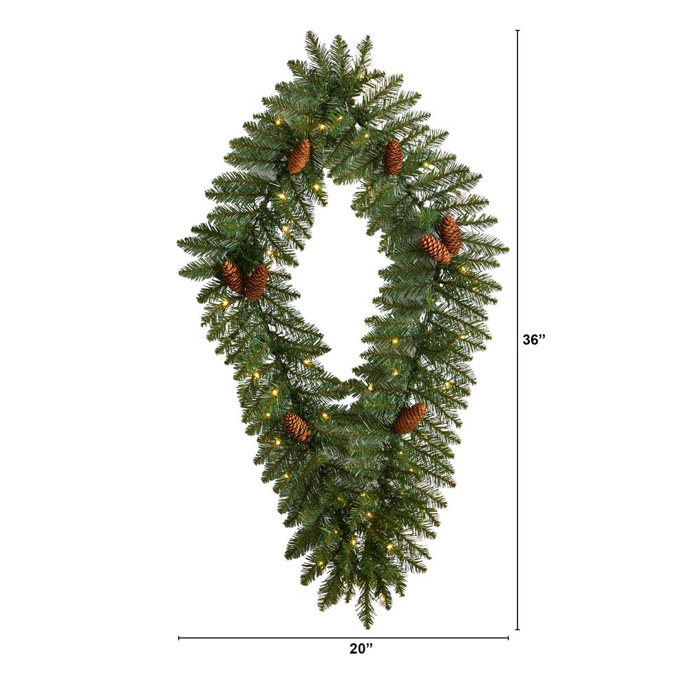 3ft. Holiday Christmas Geometric Diamond Wreath with Pinecones and 50 Warm White LED Lights. Picture 2