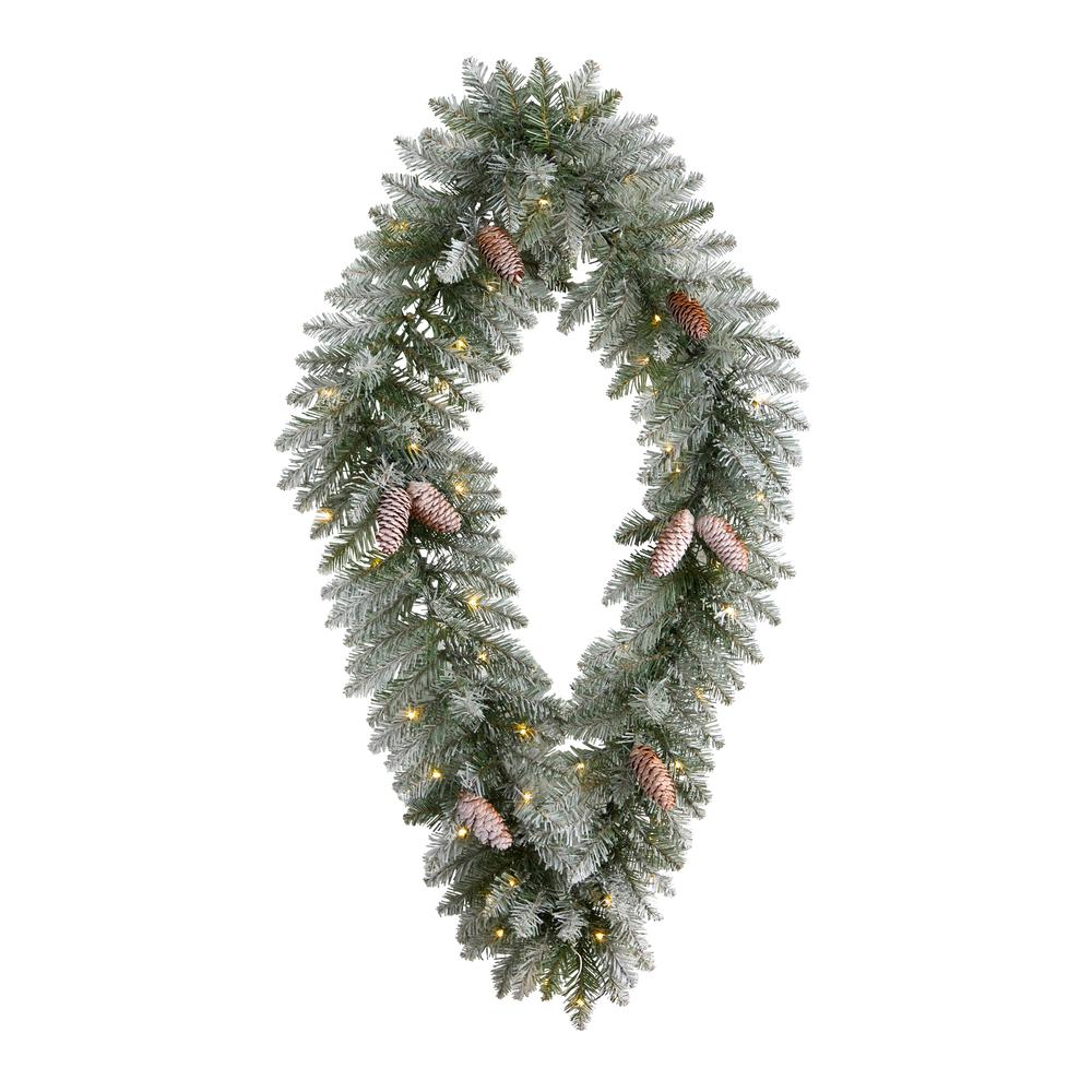 3ft. Holiday Christmas Geometric Diamond Frosted Wreath with Pinecones and 50 Warm White LED Lights. Picture 2