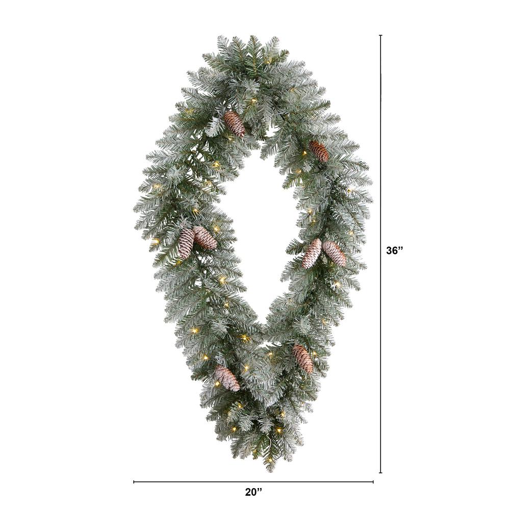 3ft. Holiday Christmas Geometric Diamond Frosted Wreath with Pinecones and 50 Warm White LED Lights. Picture 1
