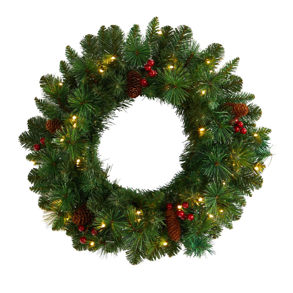 20in. Frosted Pine Artificial Christmas Wreath with Pinecones, Berries and 35 Warm White LED Lights. Picture 5
