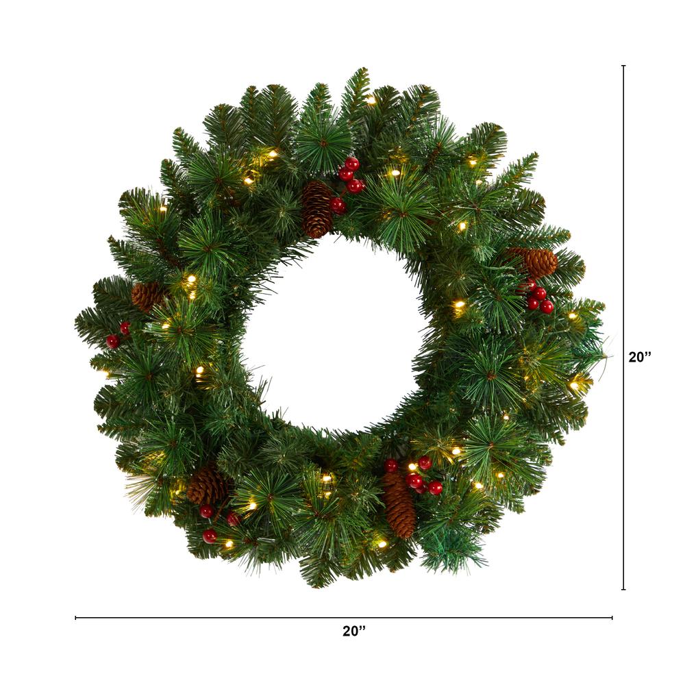 20in. Frosted Pine Artificial Christmas Wreath with Pinecones, Berries and 35 Warm White LED Lights. Picture 1