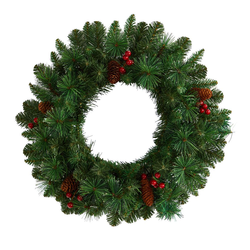 20in. Frosted Pine Artificial Christmas Wreath with Pinecones, Berries and 35 Warm White LED Lights. Picture 2