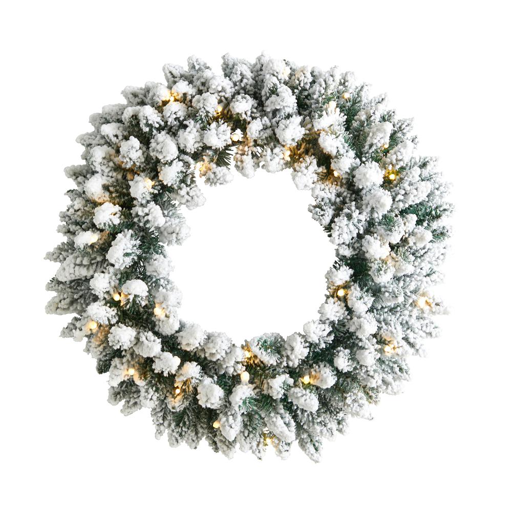 24in. Flocked Artificial Christmas Wreath with 160 Bendable Branches and 35 Warm White LED Lights. Picture 7