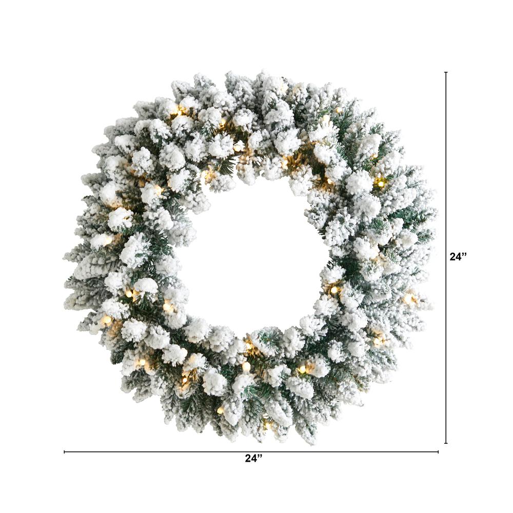 24in. Flocked Artificial Christmas Wreath with 160 Bendable Branches and 35 Warm White LED Lights. Picture 1