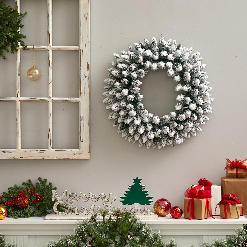 24in. Flocked Artificial Christmas Wreath with 160 Bendable Branches and 35 Warm White LED Lights. Picture 3