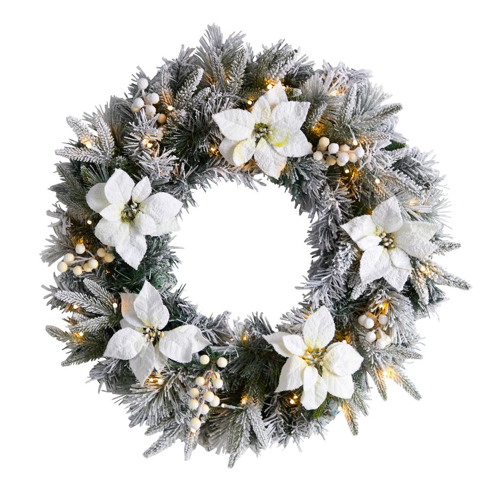 24in. Flocked Poinsettia and Pine Artificial Christmas Wreath with 50 Warm White LED Lights. Picture 1