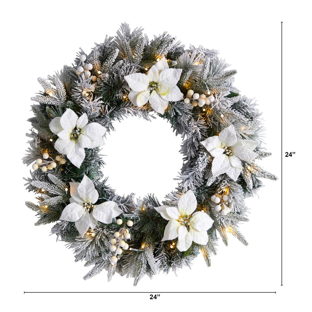 24in. Flocked Poinsettia and Pine Artificial Christmas Wreath with 50 Warm White LED Lights. Picture 2