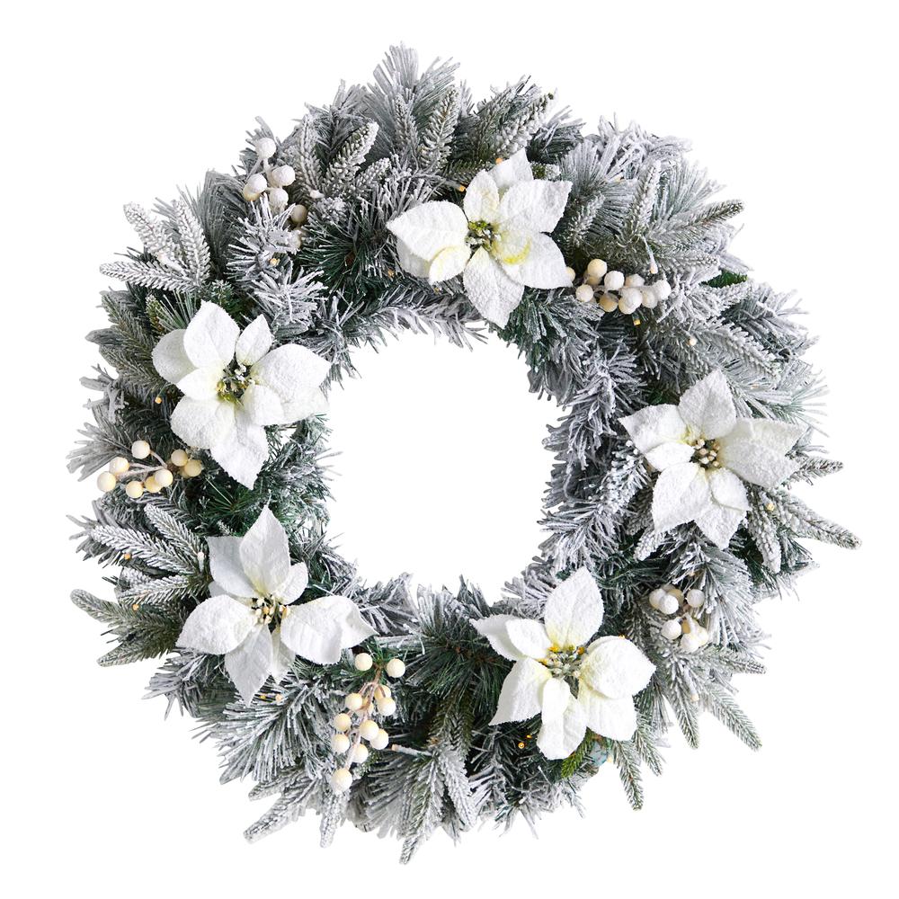 24in. Flocked Poinsettia and Pine Artificial Christmas Wreath with 50 Warm White LED Lights. Picture 3