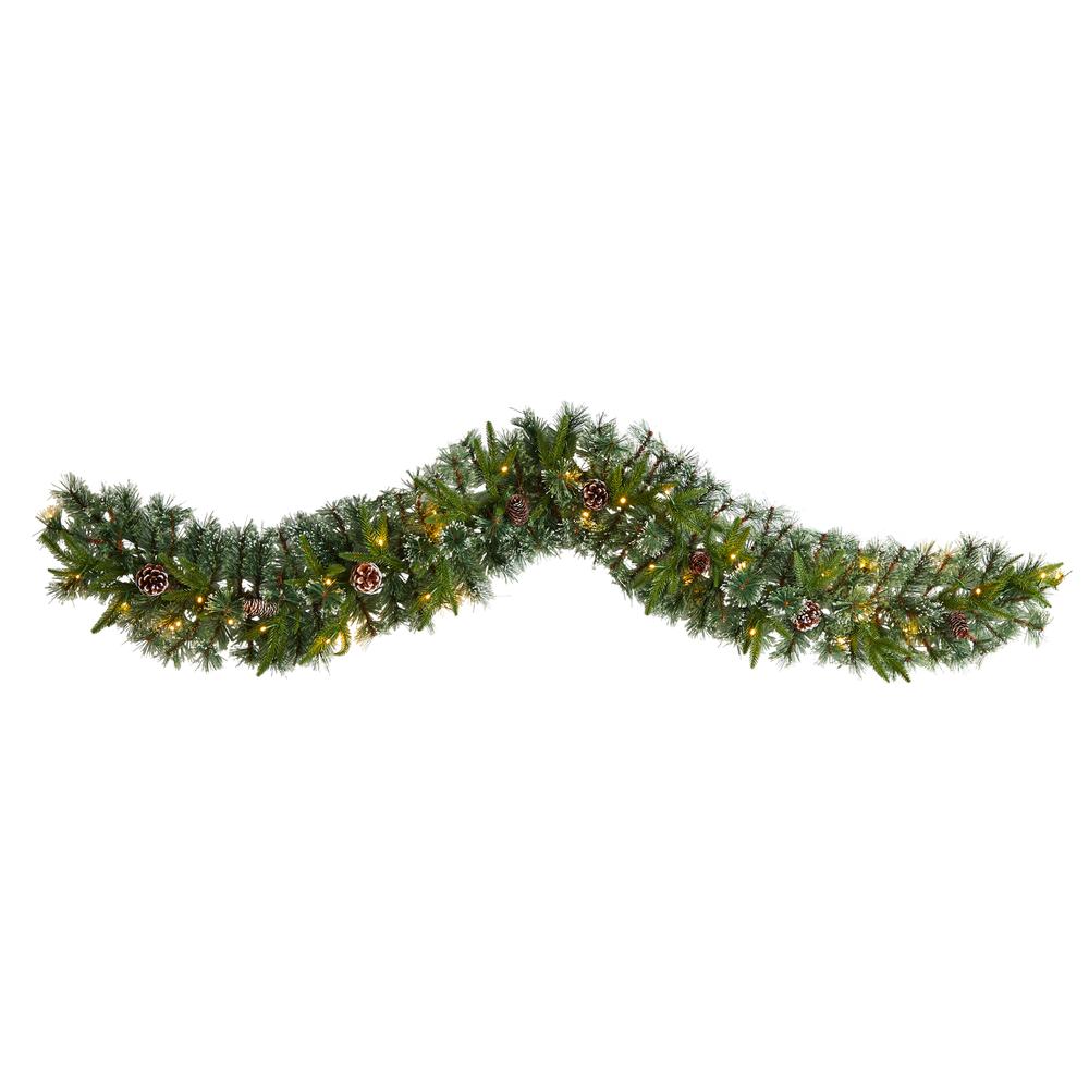 6ft. Snow Tipped Christmas Artificial Garland with 35 Clear LED Lights and Pine Cones. Picture 5