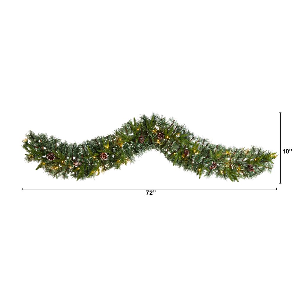 6ft. Snow Tipped Christmas Artificial Garland with 35 Clear LED Lights and Pine Cones. Picture 1
