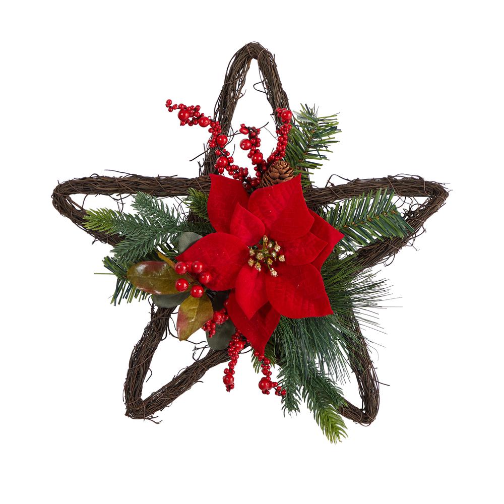 16in. Holiday Christmas Poinsettia Star Twig Wreath. Picture 4