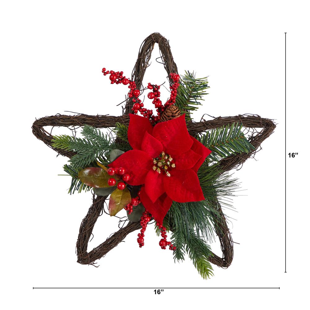 16in. Holiday Christmas Poinsettia Star Twig Wreath. Picture 1