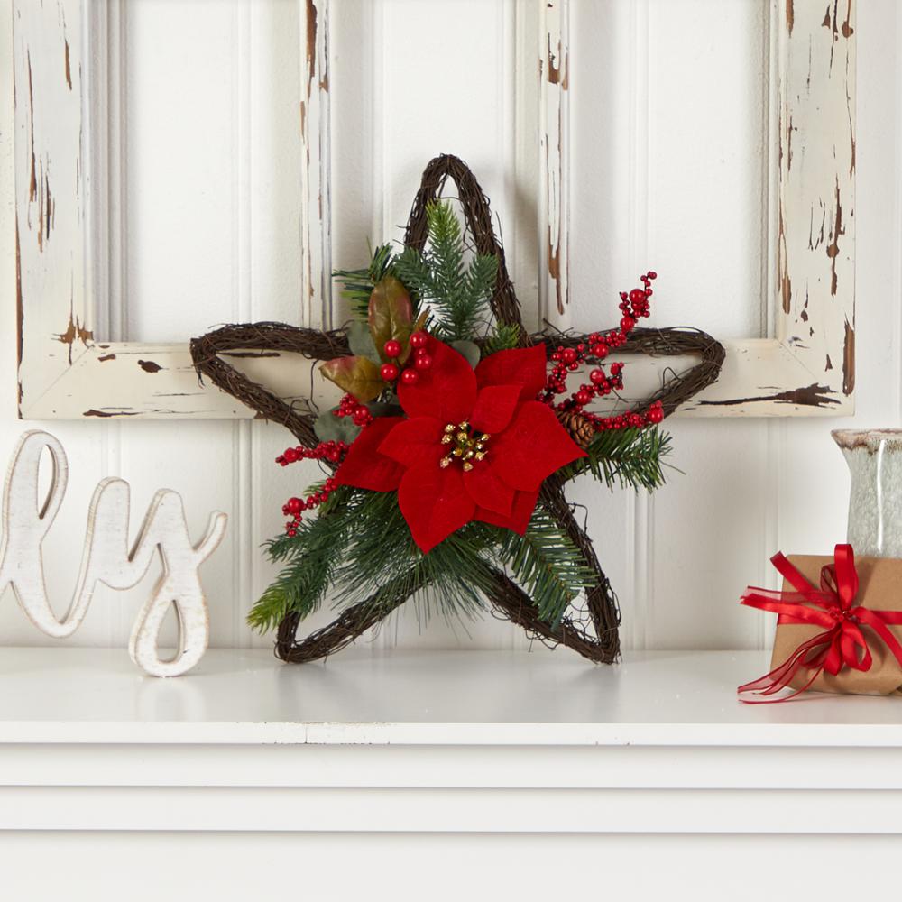 16in. Holiday Christmas Poinsettia Star Twig Wreath. Picture 3