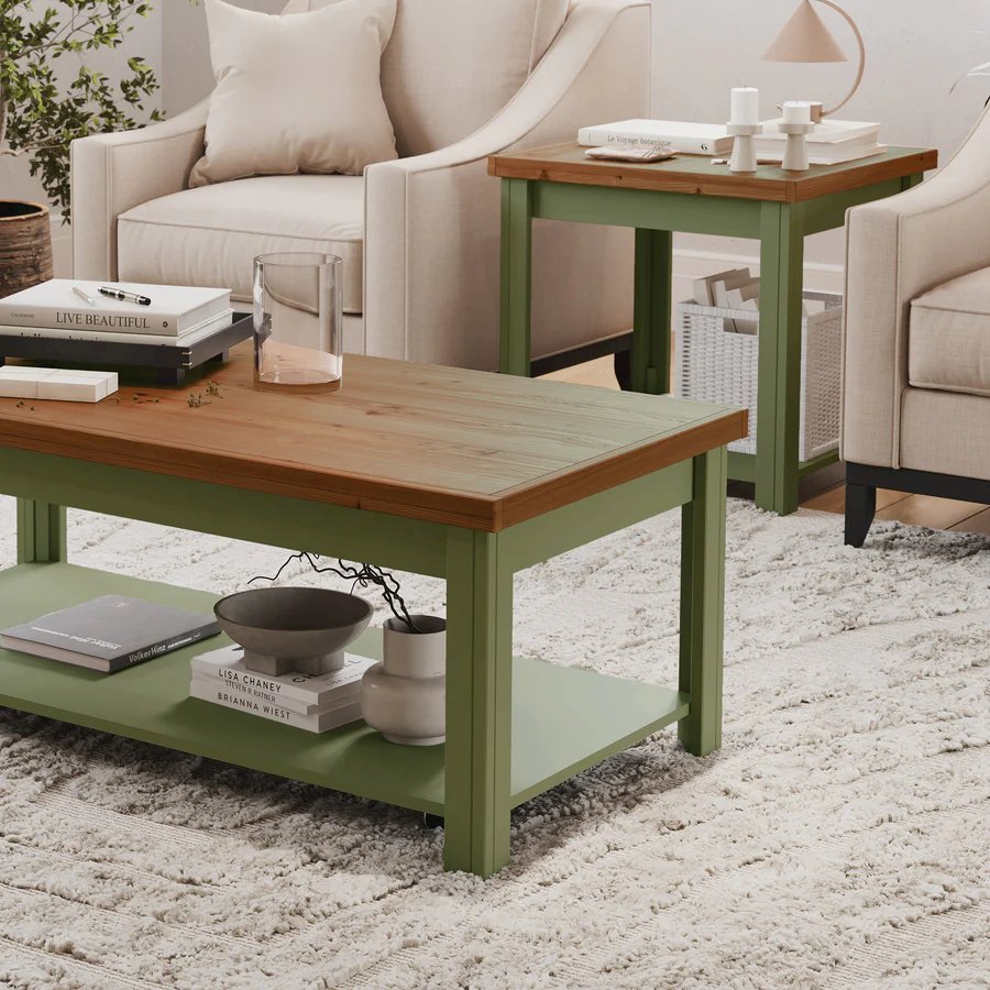 Sage Green and Fruitwood Finish Solid Wood Side Table. Picture 2
