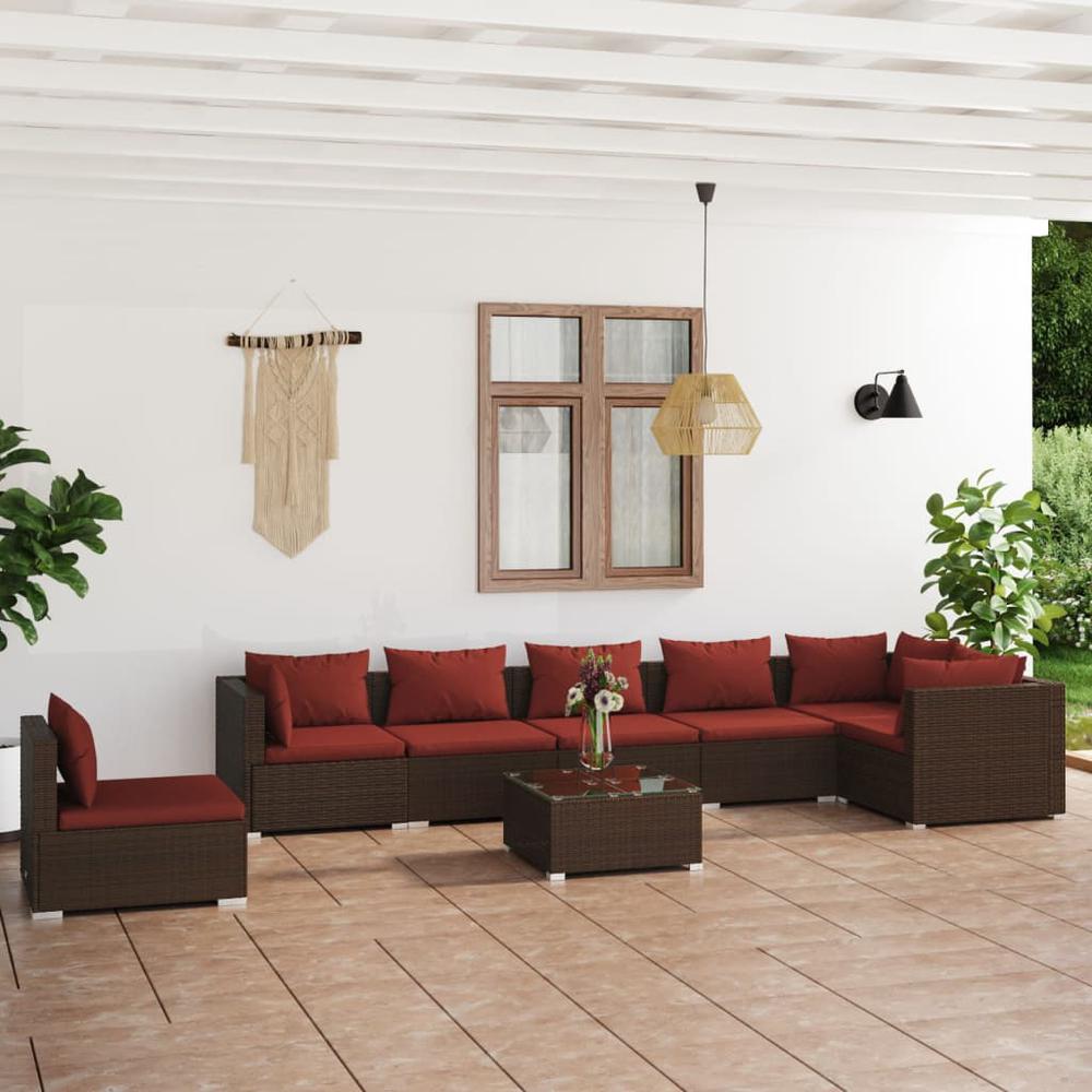 vidaXL 8 Piece Patio Lounge Set with Cushions Poly Rattan Brown, 3102347. Picture 1